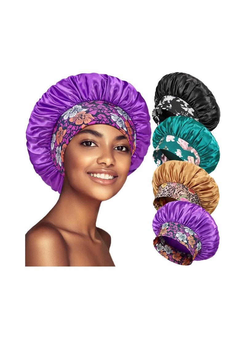 SYOSI 4Pcs Satin Silk Hair Bonnet for Sleeping Elastic Wide Band Bonnets for Black Women Braids Silk Hair Wrap Night Sleep Caps for Women Curly and Natural Hair Curly Hair  - Image 1