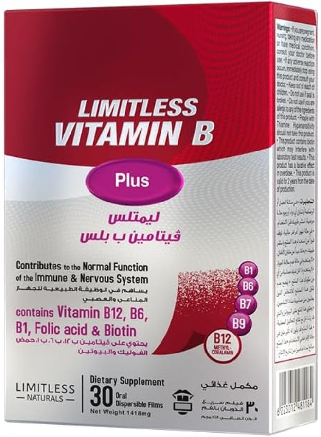 Limitless Vitamin B Plus – 30 Oral Dissolving Films – Methylcobalamin, Folic Acid, B1, B6 & Biotin – Energy, Immunity & Nervous System Support