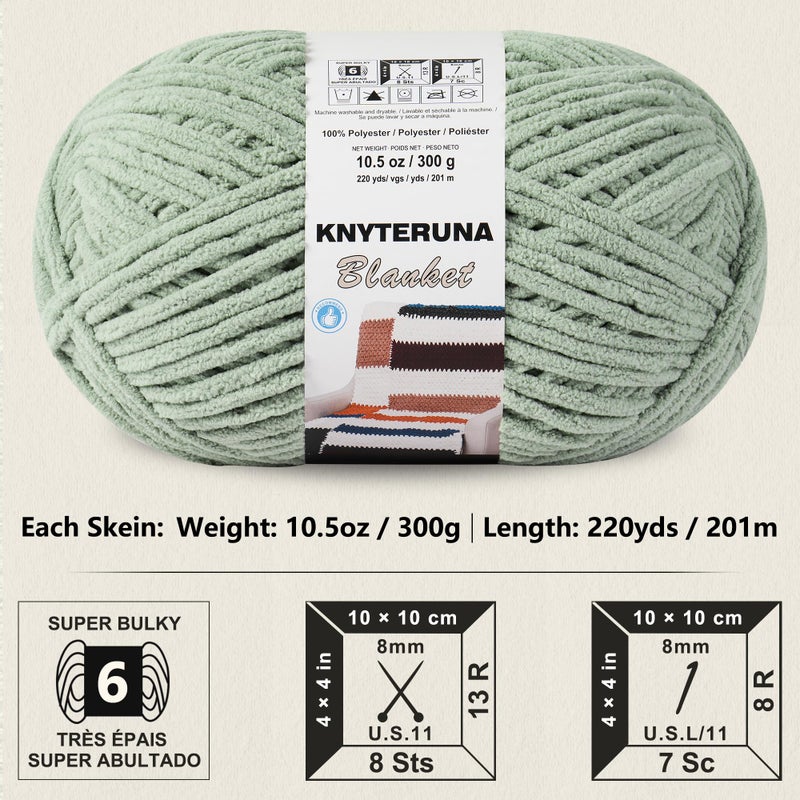 Knyteruna #6 Super Bulky Blanket Yarn for Crocheting - 4 Skeins(Each 10.5oz/300g, 220yds/201m), Chunky Chenille Thick Plush Big Soft Yarn for Crocheting Knitting Blankets, Sage Green - Image 2
