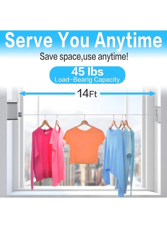 Retractable Clothesline,4.2m Wall Mounted Adjustable Stainless Steel Clothes Line, Laundry Line with Aluminum Alloy Bracket, Clothesline for Indoor Outdoor Bathroom Balcony (Silver)