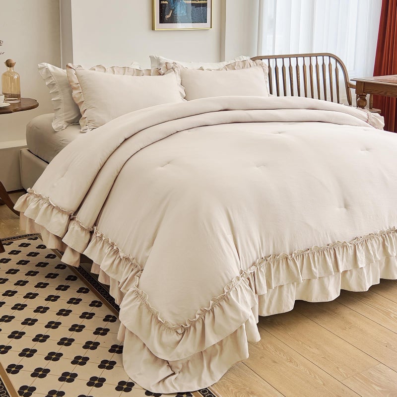 AIKASY Camel Ruffle Comforter Queen, 3 Pieces Vintage Ruffle Fringe Comforter, Farmhouse Rustic Microfiber Down Alternative Bedding Comforter Set (1 Comforter + 2 Pillow Shams) - Image 1