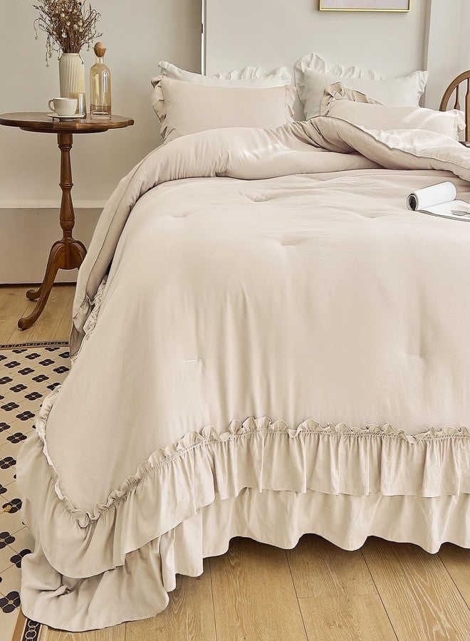 AIKASY Camel Ruffle Comforter Queen, 3 Pieces Vintage Ruffle Fringe Comforter, Farmhouse Rustic Microfiber Down Alternative Bedding Comforter Set (1 Comforter + 2 Pillow Shams) - Image 3