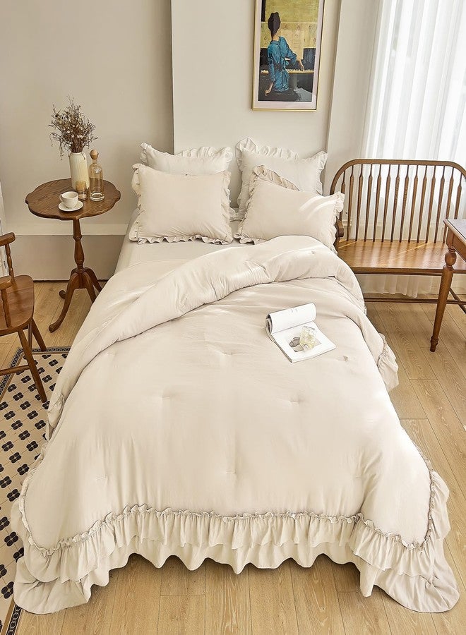 AIKASY Camel Ruffle Comforter Queen, 3 Pieces Vintage Ruffle Fringe Comforter, Farmhouse Rustic Microfiber Down Alternative Bedding Comforter Set (1 Comforter + 2 Pillow Shams) - Image 2