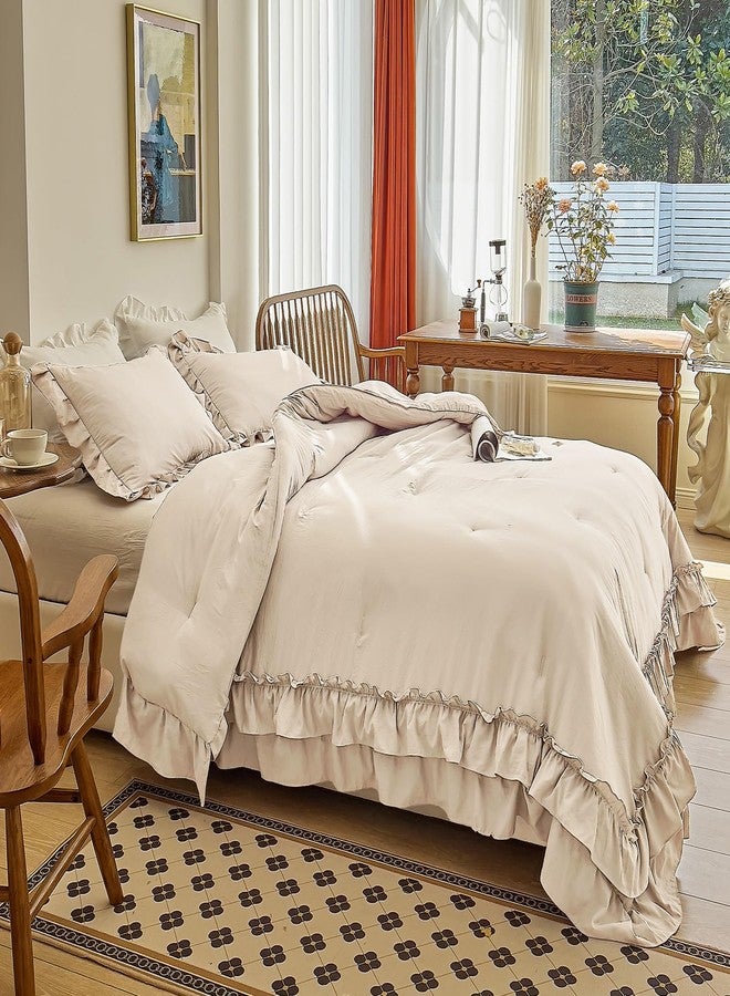 AIKASY Camel Ruffle Comforter Queen, 3 Pieces Vintage Ruffle Fringe Comforter, Farmhouse Rustic Microfiber Down Alternative Bedding Comforter Set (1 Comforter + 2 Pillow Shams) - Image 4