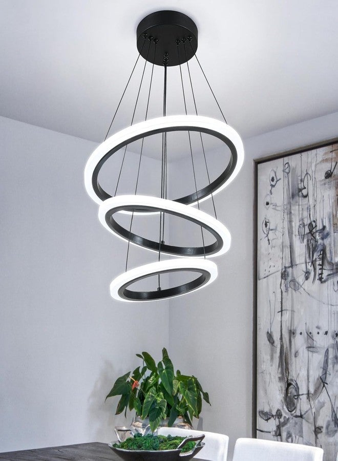 Manraj Modern LED Chandelier, Acrylic 3-Ring Design, Ring Flush Mount Chandelier with Adjustable Hanging Cord Pendant Light Fixture, for Dining Living Room Bedroom (Black) - Image 1