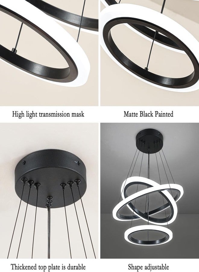 Manraj Modern LED Chandelier, Acrylic 3-Ring Design, Ring Flush Mount Chandelier with Adjustable Hanging Cord Pendant Light Fixture, for Dining Living Room Bedroom (Black) - Image 5