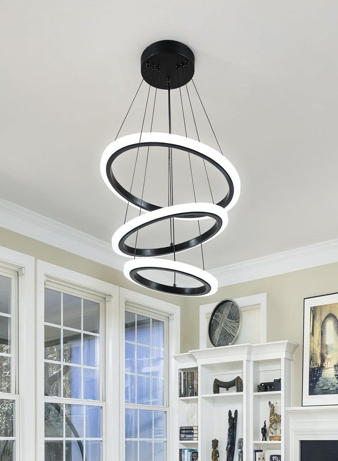 Manraj Modern LED Chandelier, Acrylic 3-Ring Design, Ring Flush Mount Chandelier with Adjustable Hanging Cord Pendant Light Fixture, for Dining Living Room Bedroom (Black) - Image 2