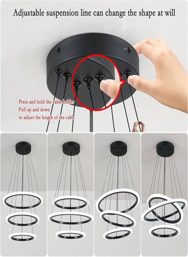 Manraj Modern LED Chandelier, Acrylic 3-Ring Design, Ring Flush Mount Chandelier with Adjustable Hanging Cord Pendant Light Fixture, for Dining Living Room Bedroom (Black) - Image 4