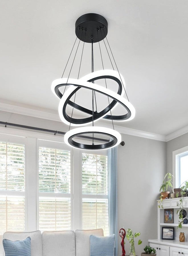 Manraj Modern LED Chandelier, Acrylic 3-Ring Design, Ring Flush Mount Chandelier with Adjustable Hanging Cord Pendant Light Fixture, for Dining Living Room Bedroom (Black) - Image 3