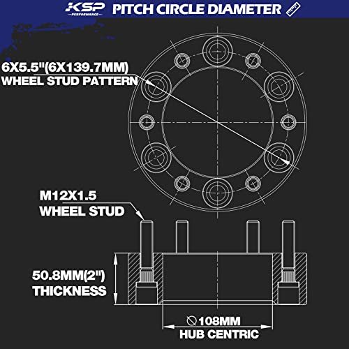 KSP PERFORMANCE فواصل عجلات KSP 2 بوصة 6x5.5 لتاكوما، فاصل إطارات 6x139.7 يناسب تويوتا تندرا 4 رانر FJ لاند كروزر سيكويا، فاصل مركزي مطروق بسمك 50 مم وفتحة محور 108 مم مع خيوط M12x1.5، غير مركزي المحور - Image 2