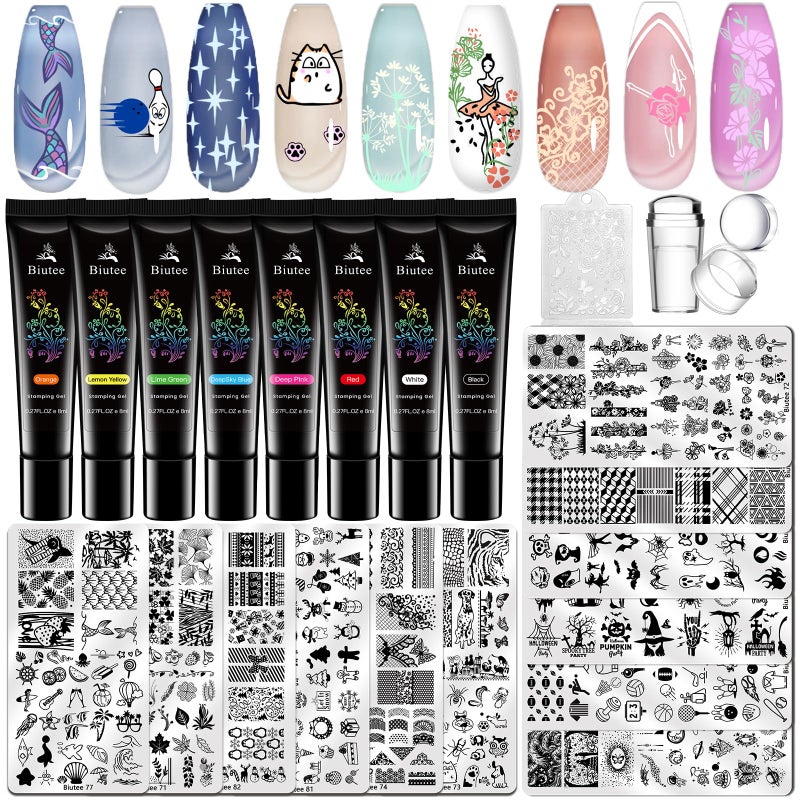 Biutee Nail Stamper Kit Nail Art Stamping Plate Set 8 Stamping Nail Polish Gel 12 Stamp Plate Jelly Silicone Stamper Flower Animal Lace Girl Star Rose Love Template Tool Supplies Holiday Design