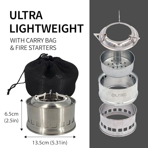 QUBE BBQ Portable Camping Stove with 3 Fire Starters – Stainless Steel Wood Burning Mini Camp Stove, Foldable with Carry Bag, for Backpacking, Hiking, Traveling, Emergency, Outdoor BBQ, and Picnic - Image 2