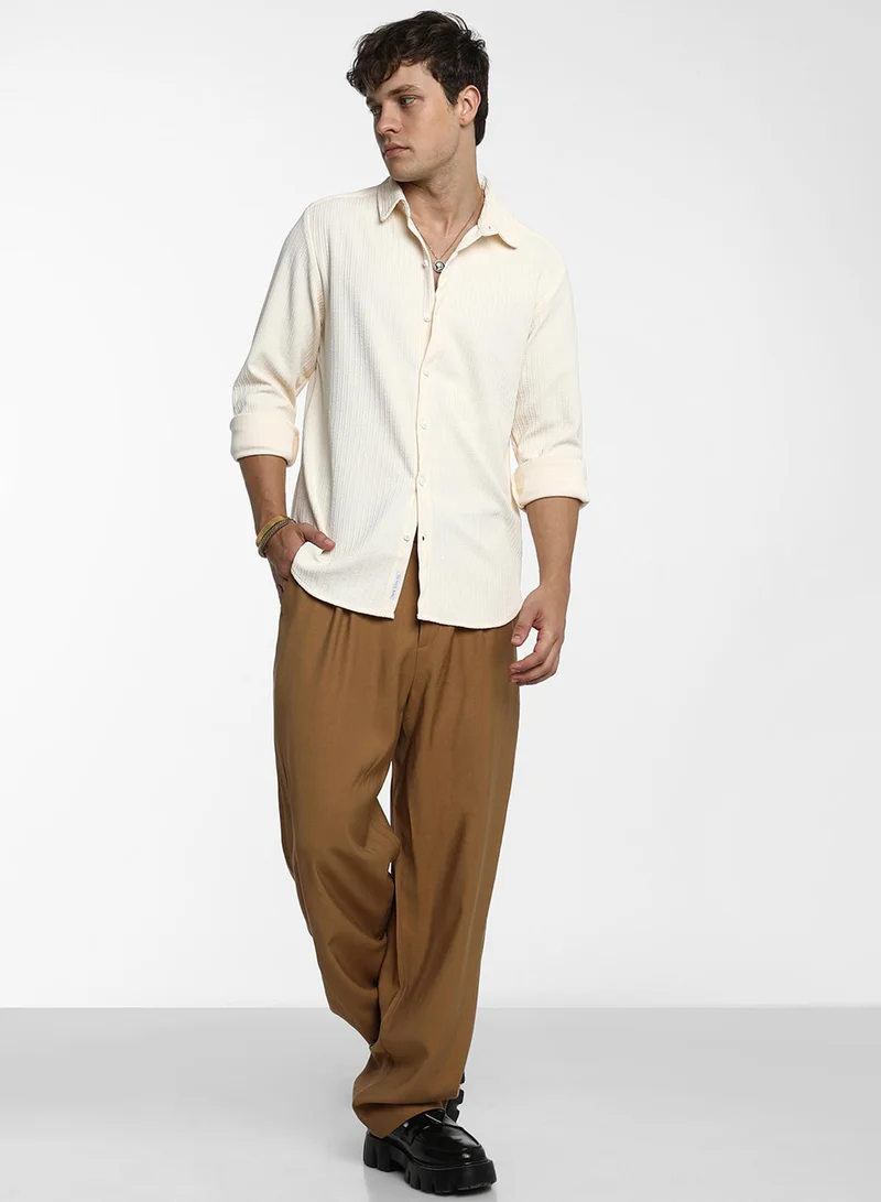 Campus Sutra Campus Sutra Men's Pale Yellow Stripe-Creased Shirt For Casual Wear | Spread Collar | Long Sleeve | Button Closure | Shirt Crafted With Comfort Fit For Everyday Wear