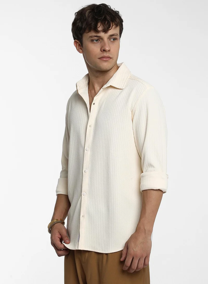 Campus Sutra Campus Sutra Men's Pale Yellow Stripe-Creased Shirt For Casual Wear | Spread Collar | Long Sleeve | Button Closure | Shirt Crafted With Comfort Fit For Everyday Wear