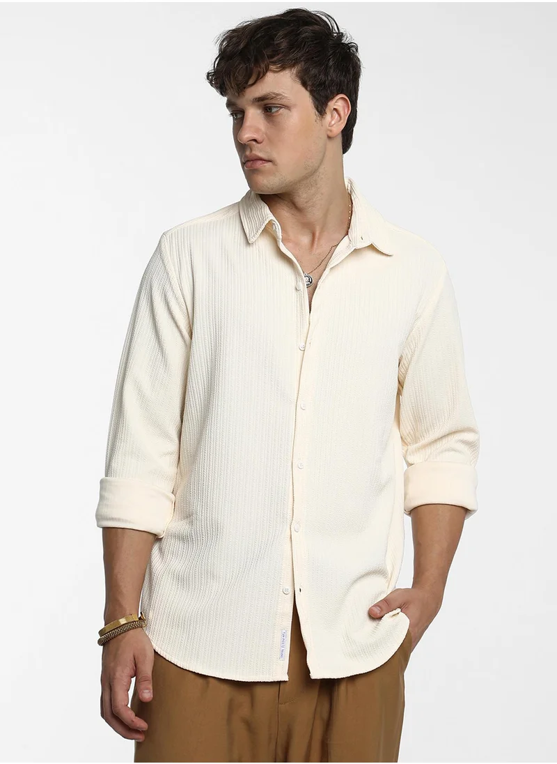 Campus Sutra Men's Pale Yellow Stripe-Creased Shirt