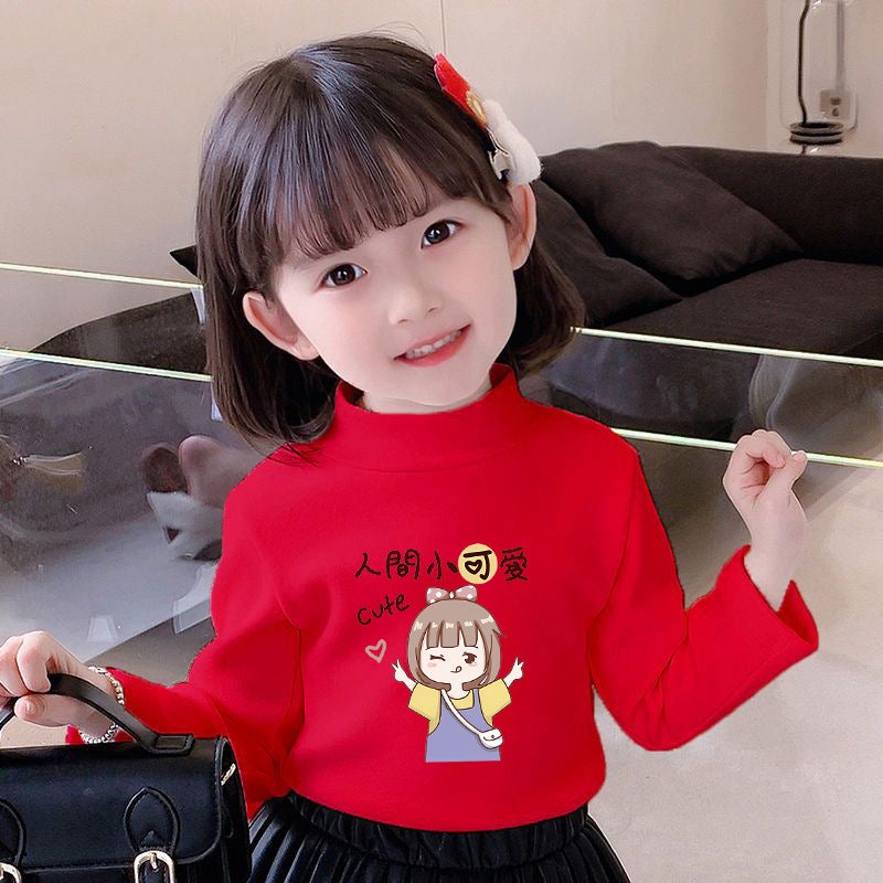 Children's Base Shirt Half-high Collar Girl's White Autumn and Winter Baby's Long-sleeved T-shirt De-velvet Base T-shirt - Image 1