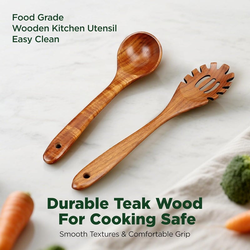 ANBUY Wooden Spoons for Cooking, Natural Teak Kitchen Utensil Set, Large Cooking Ladle and Pasta Fork for Pasta Soup Serving Mixing (2Pcs) - Image 2