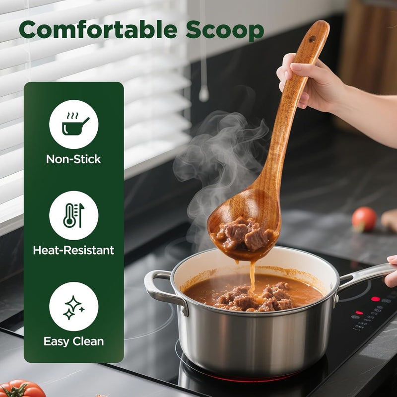 ANBUY Wooden Spoons for Cooking, Natural Teak Kitchen Utensil Set, Large Cooking Ladle and Pasta Fork for Pasta Soup Serving Mixing (2Pcs) - Image 5