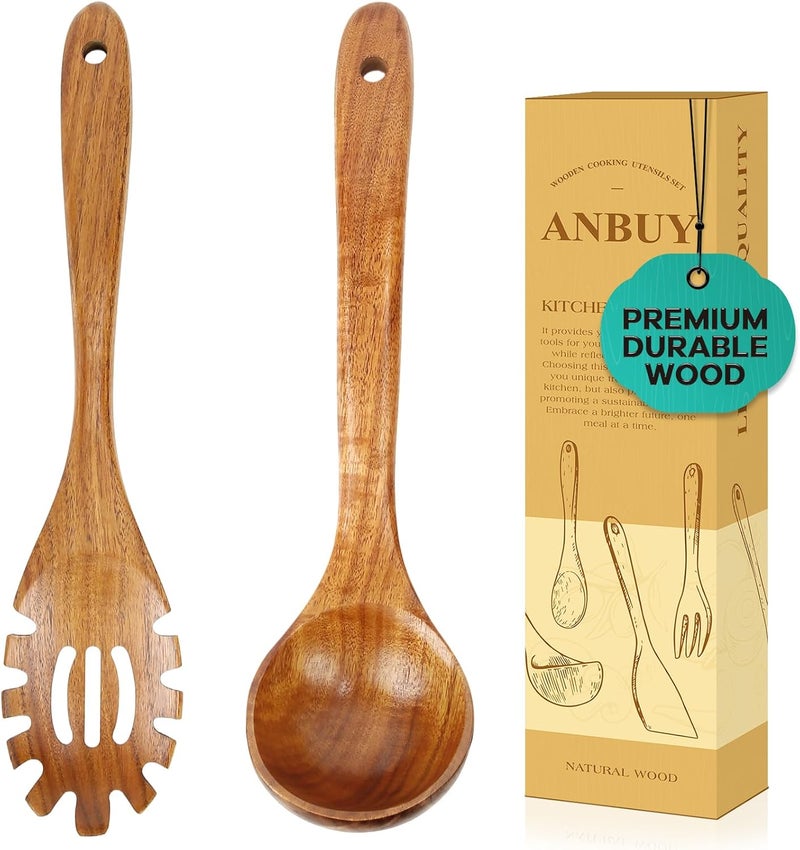 ANBUY Wooden Spoons for Cooking, Natural Teak Kitchen Utensil Set, Large Cooking Ladle and Pasta Fork for Pasta Soup Serving Mixing (2Pcs) - Image 1