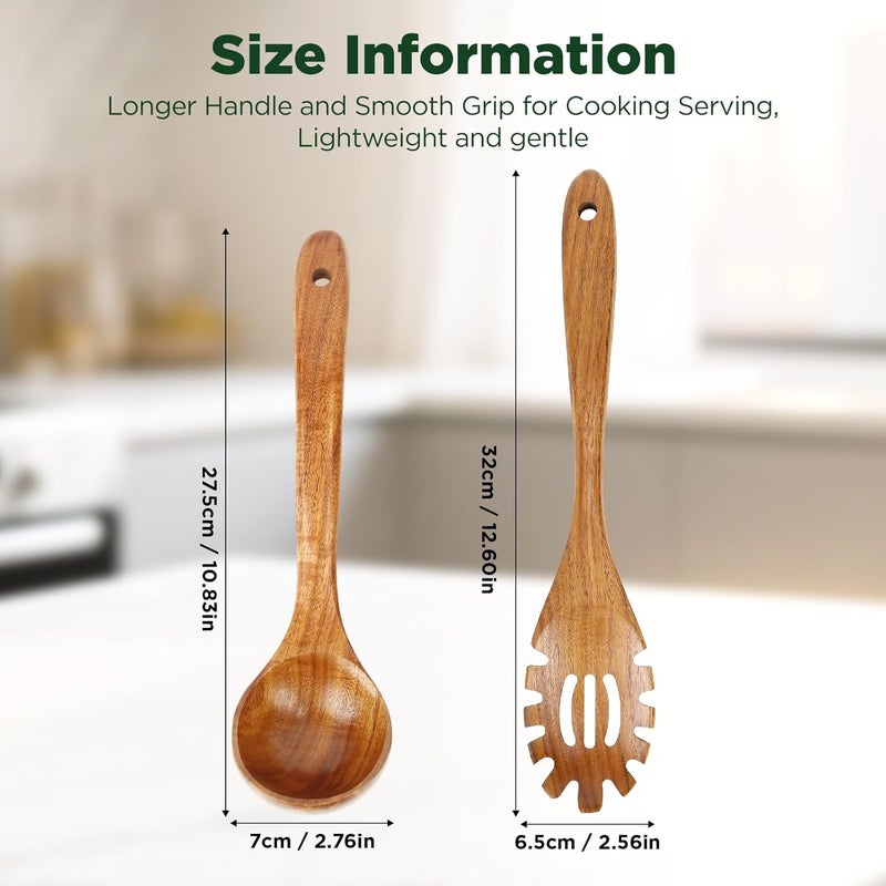 ANBUY Wooden Spoons for Cooking, Natural Teak Kitchen Utensil Set, Large Cooking Ladle and Pasta Fork for Pasta Soup Serving Mixing (2Pcs) - Image 3