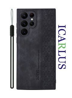 ICARLUS For Samsung Galaxy S22 Ultra Anti-scratch Phone Case Imprinted Leather Coated TPU Cover - Black  - Image 1