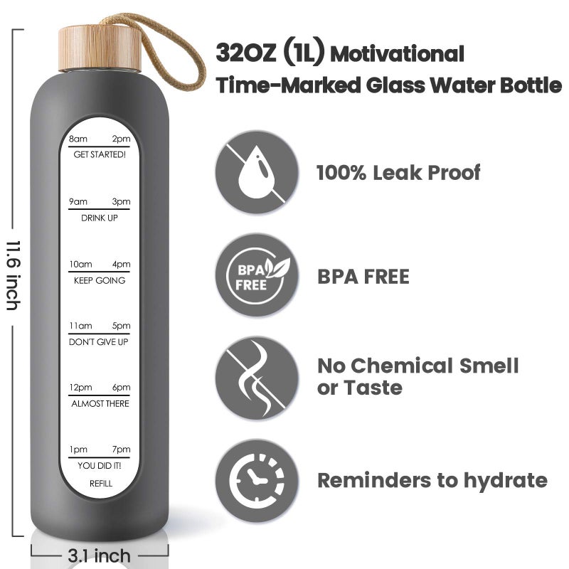 PROBTTL 32 Oz Borosilicate Glass Water Bottle with Time Marker Reminder Quotes  1 Liter Leak Proof Reusable BPA Free Motivational Water Bottles with Silicone Sleeve and Bamboo Lid (Grey) - Image 2