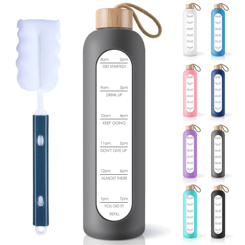 PROBTTL 32 Oz Borosilicate Glass Water Bottle with Time Marker Reminder Quotes  1 Liter Leak Proof Reusable BPA Free Motivational Water Bottles with Silicone Sleeve and Bamboo Lid (Grey) - Image 1