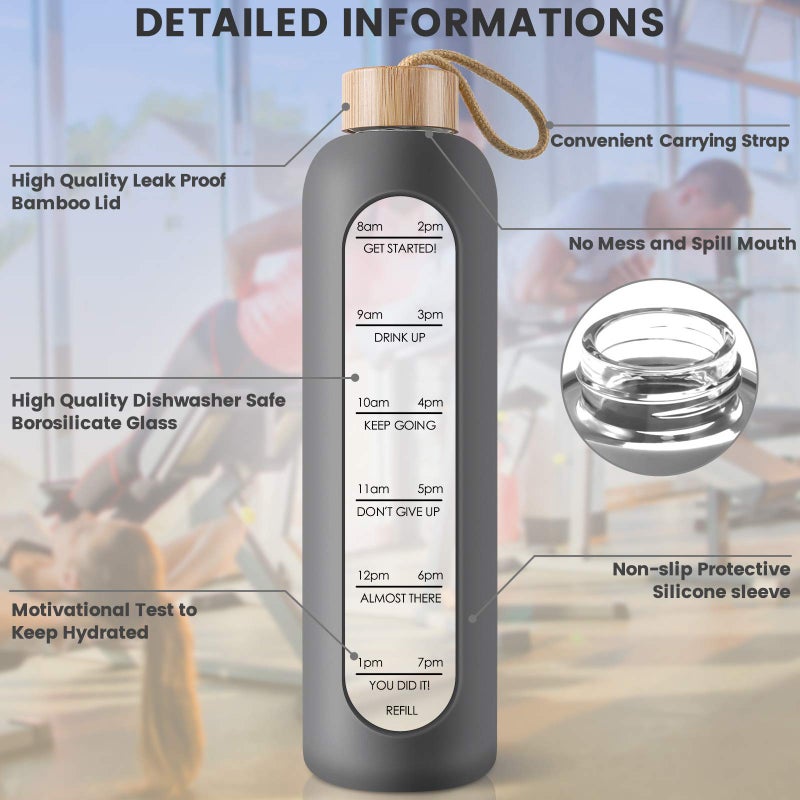 PROBTTL 32 Oz Borosilicate Glass Water Bottle with Time Marker Reminder Quotes  1 Liter Leak Proof Reusable BPA Free Motivational Water Bottles with Silicone Sleeve and Bamboo Lid (Grey) - Image 3