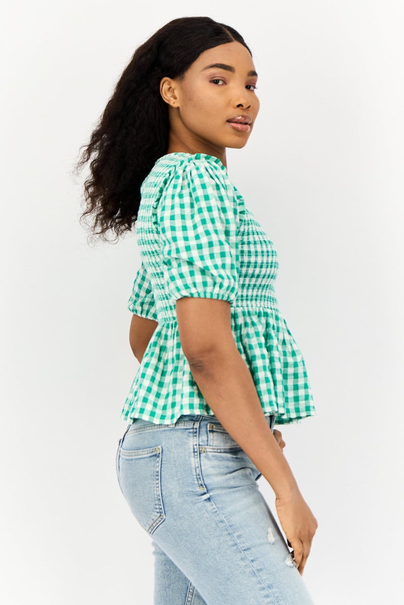 ONLY Women Crew Neck Short Sleeves Micro Checkered Blouse, Multicolor - Image 4
