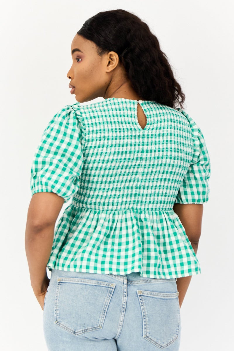 ONLY Women Crew Neck Short Sleeves Micro Checkered Blouse, Multicolor - Image 2