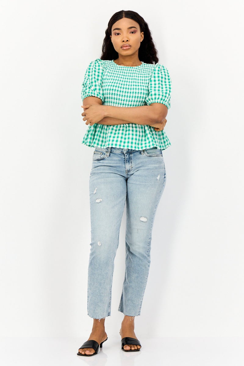 ONLY Women Crew Neck Short Sleeves Micro Checkered Blouse, Multicolor - Image 3