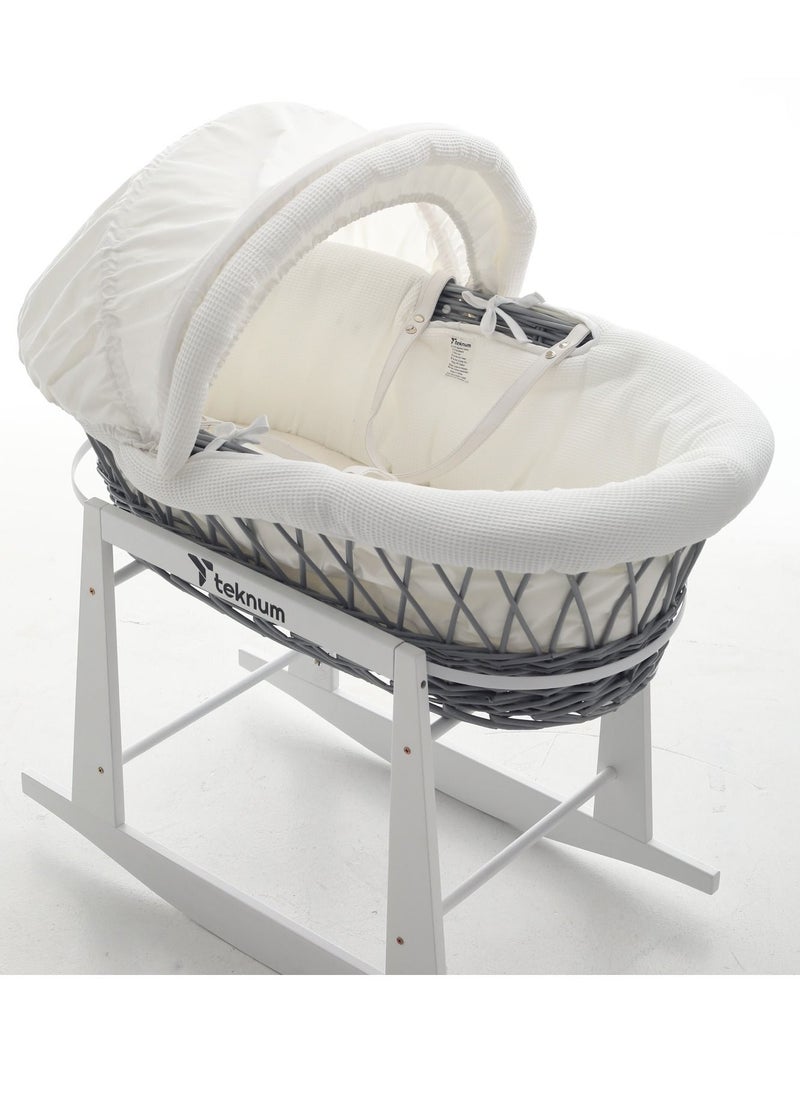 TEKNUM Teknum Infant Wicker Moses Basket with White Waffle Beddings - Wooden Grey  - Image 5
