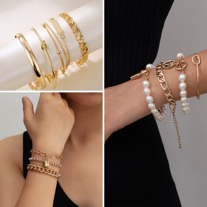 IFKM 36 PCS Gold Plated Jewelry Set with 4 PCS Necklace, 11 PCS Bracelet, 7 PCS Ear Cuffs Earring, 14 Pcs Knuckle Rings for Women Valentine Anniversary Birthday Friendship Gift - Image 4