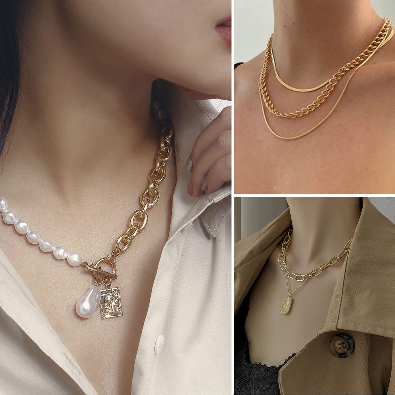 IFKM 36 PCS Gold Plated Jewelry Set with 4 PCS Necklace, 11 PCS Bracelet, 7 PCS Ear Cuffs Earring, 14 Pcs Knuckle Rings for Women Valentine Anniversary Birthday Friendship Gift - Image 3
