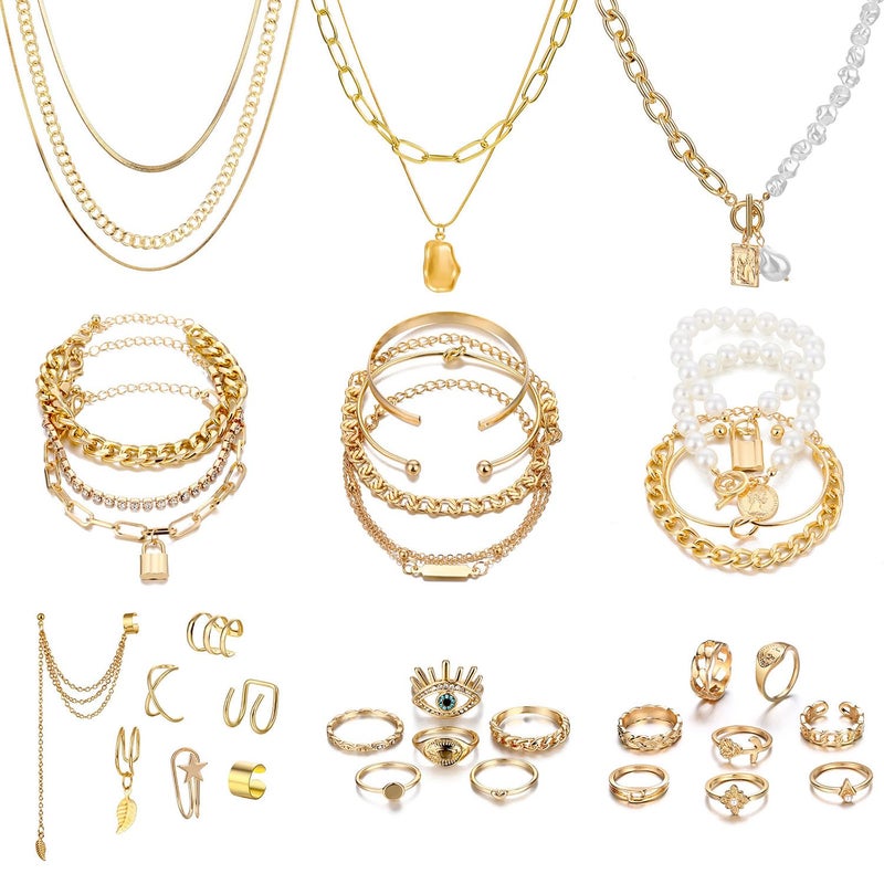 IFKM 36 PCS Gold Plated Jewelry Set with 4 PCS Necklace, 11 PCS Bracelet, 7 PCS Ear Cuffs Earring, 14 Pcs Knuckle Rings for Women Valentine Anniversary Birthday Friendship Gift - Image 1