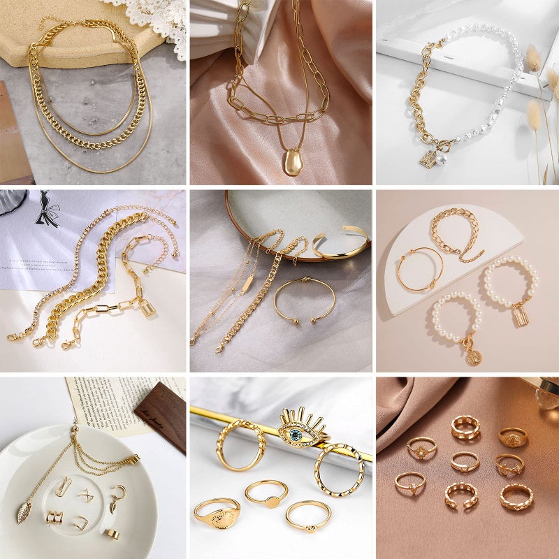 IFKM 36 PCS Gold Plated Jewelry Set with 4 PCS Necklace, 11 PCS Bracelet, 7 PCS Ear Cuffs Earring, 14 Pcs Knuckle Rings for Women Valentine Anniversary Birthday Friendship Gift - Image 2