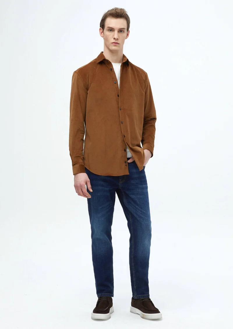 Ramsey Brown Plain Casual Fit Long Weaving Casual 100% Cotton Shirt