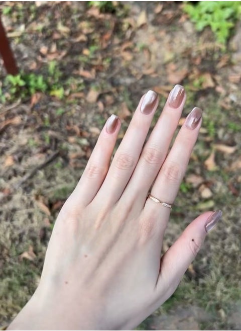 10-Pcs Moonlight Brown Crystal Cat-Eye Press-on Nails, Short T-Shaped Pearl Glow  Nails with XS/S/M Sizes with Tools