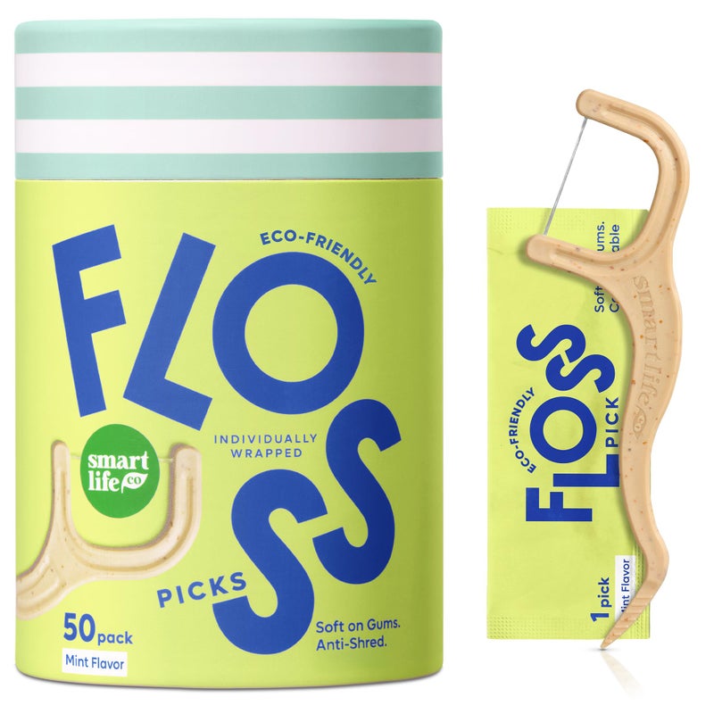 Individually Wrapped Dental Floss Picks 50ct EcoFriendly Flosser Handle Made with Straw Wheat Blend Great for Travel PFA Free Toothpick Stick Soft On Gums Teeth Vegan Mint