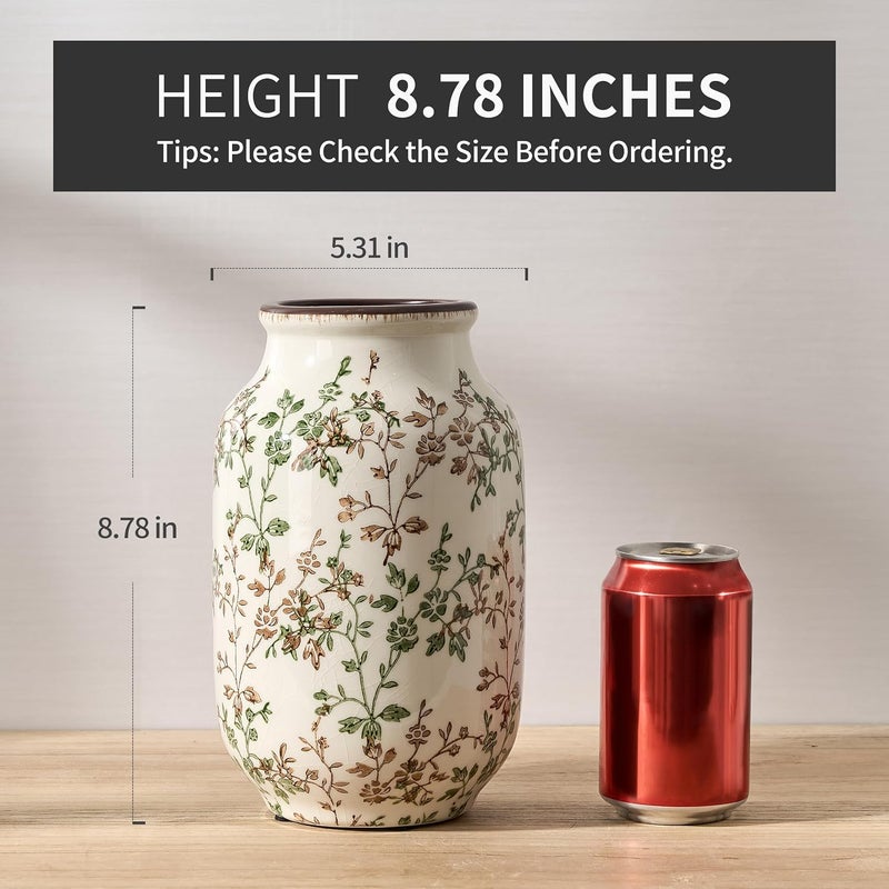 SIDUCAL Longevity optimized build Ceramic Vintage Pastoral Vase, 8.78 Inch Chinoiserie Floral Vase, Retro Ice Cracked Rustic Farmhouse Vases for Home Decor, Living Room, Bookshelf, Office, Tuscan Decor, Green and Brown Floral Market mainstream color picks - Image 2