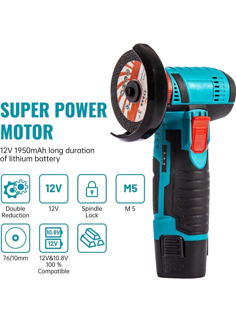 RUIYADA Angle Grinder Tool, Mini Angle Grinder, Cordless Electric Angle Grinding Tool 12V 19500RPM with 2PCS 2000mAh Battery, Nylon Cutting Blade-s/Grinding Disc/Metal Cutting Disc - Image 3