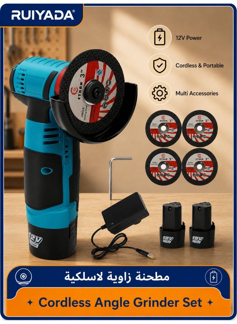 RUIYADA Angle Grinder Tool, Mini Angle Grinder, Cordless Electric Angle Grinding Tool 12V 19500RPM with 2PCS 2000mAh Battery, Nylon Cutting Blade-s/Grinding Disc/Metal Cutting Disc - Image 1