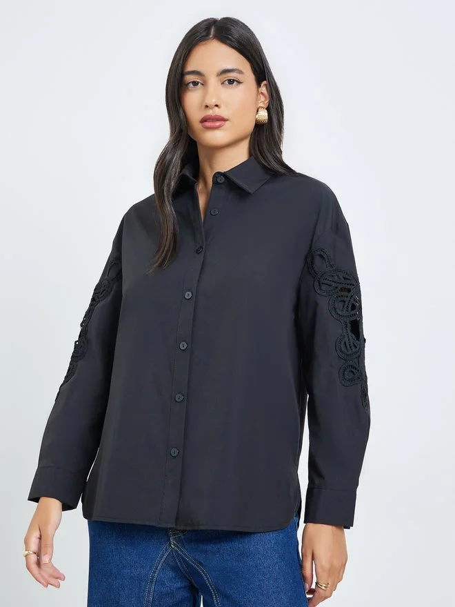 Styli Styli Black Embroidery Detail Long Sleeve Shirt