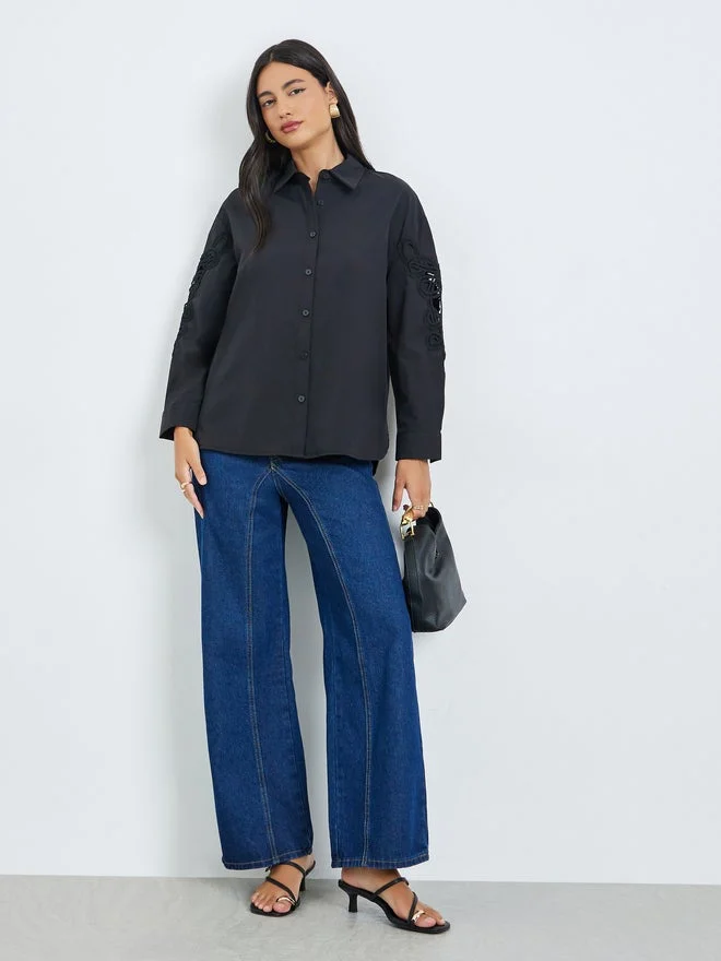 Styli Styli Black Embroidery Detail Long Sleeve Shirt
