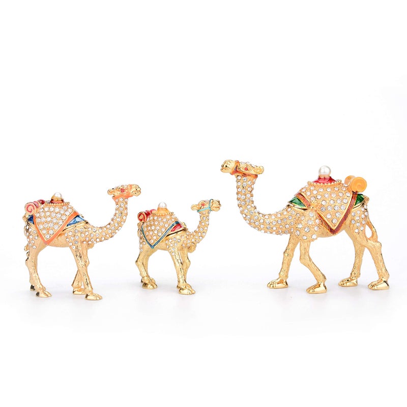 Furuida A Family of Three Gold Camels Enameled Jewelry Trinket Box with Hinged Classic Animal Ornaments Luxurious Gift for Home Decor