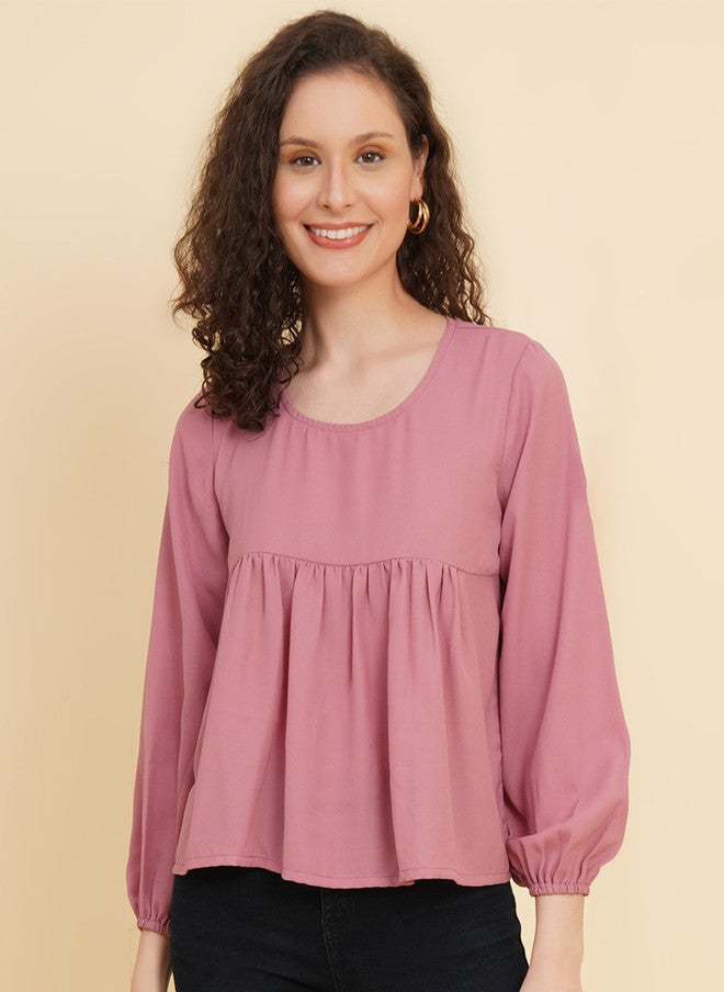 RAASSIO Pink Cuffed Sleeves Empire Top for Women - Image 1