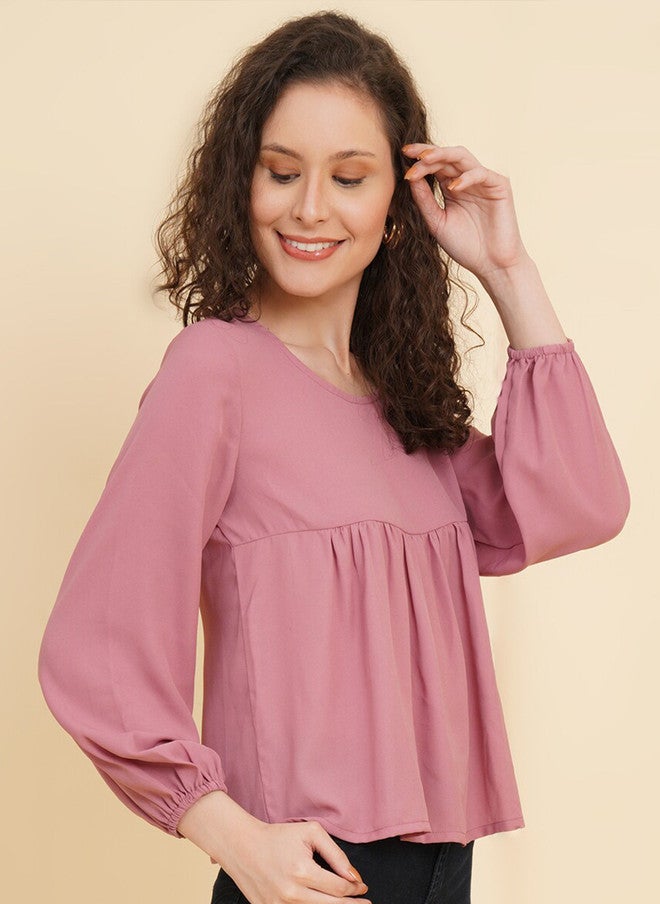 RAASSIO Pink Cuffed Sleeves Empire Top for Women - Image 3