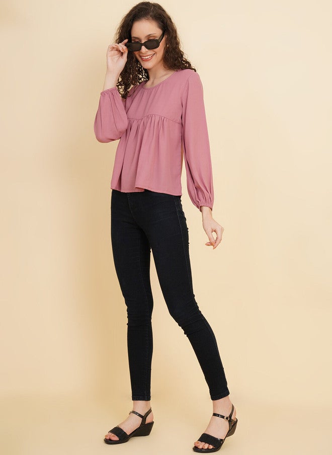 RAASSIO Pink Cuffed Sleeves Empire Top for Women - Image 5