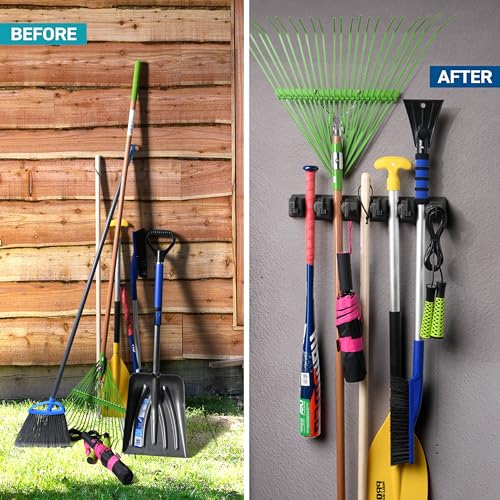 Home-it Mop and Broom Holder Wall Mount - Garage Storage Organizer with 5 Slots, 6 Hooks, 7.5lbs Capacity Per Slot - Home, Kitchen, Closet, Garden Tools, Laundry Room Organization – Black Broom Hanger - Image 3