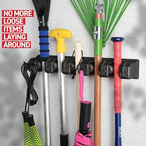 Home-it Mop and Broom Holder Wall Mount - Garage Storage Organizer with 5 Slots, 6 Hooks, 7.5lbs Capacity Per Slot - Home, Kitchen, Closet, Garden Tools, Laundry Room Organization – Black Broom Hanger - Image 4